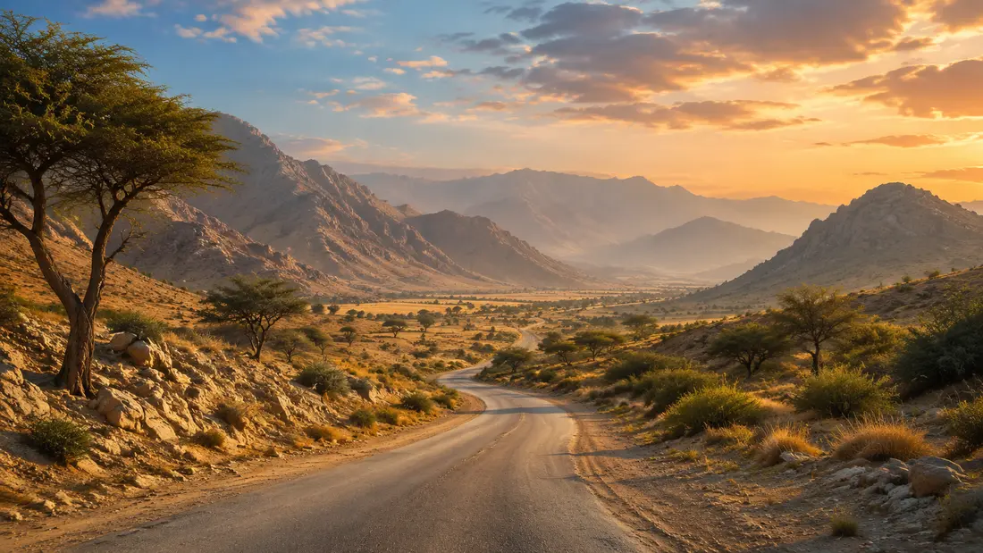 A road through a Pakistani mountain landscape